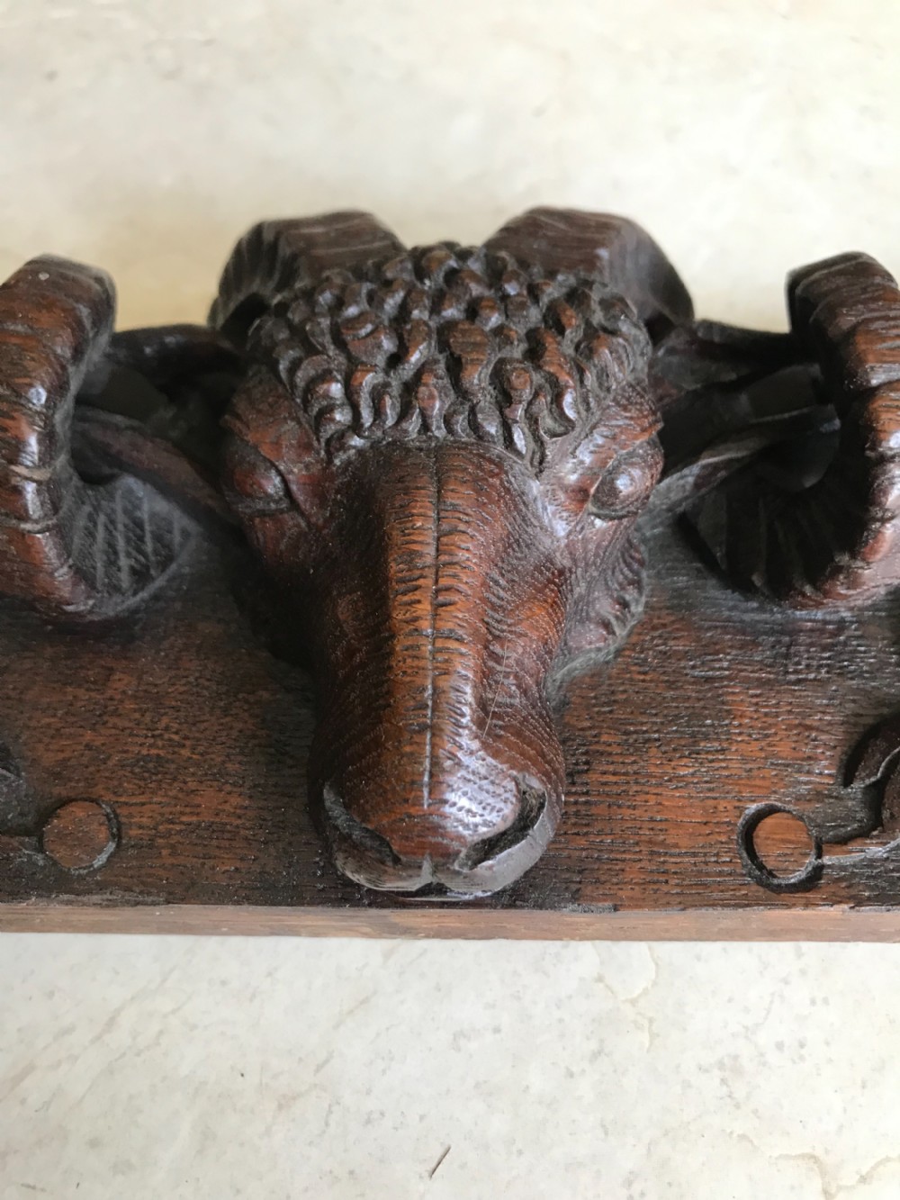 Antique Black Forest Carved Oak Ram's Head Panel View II