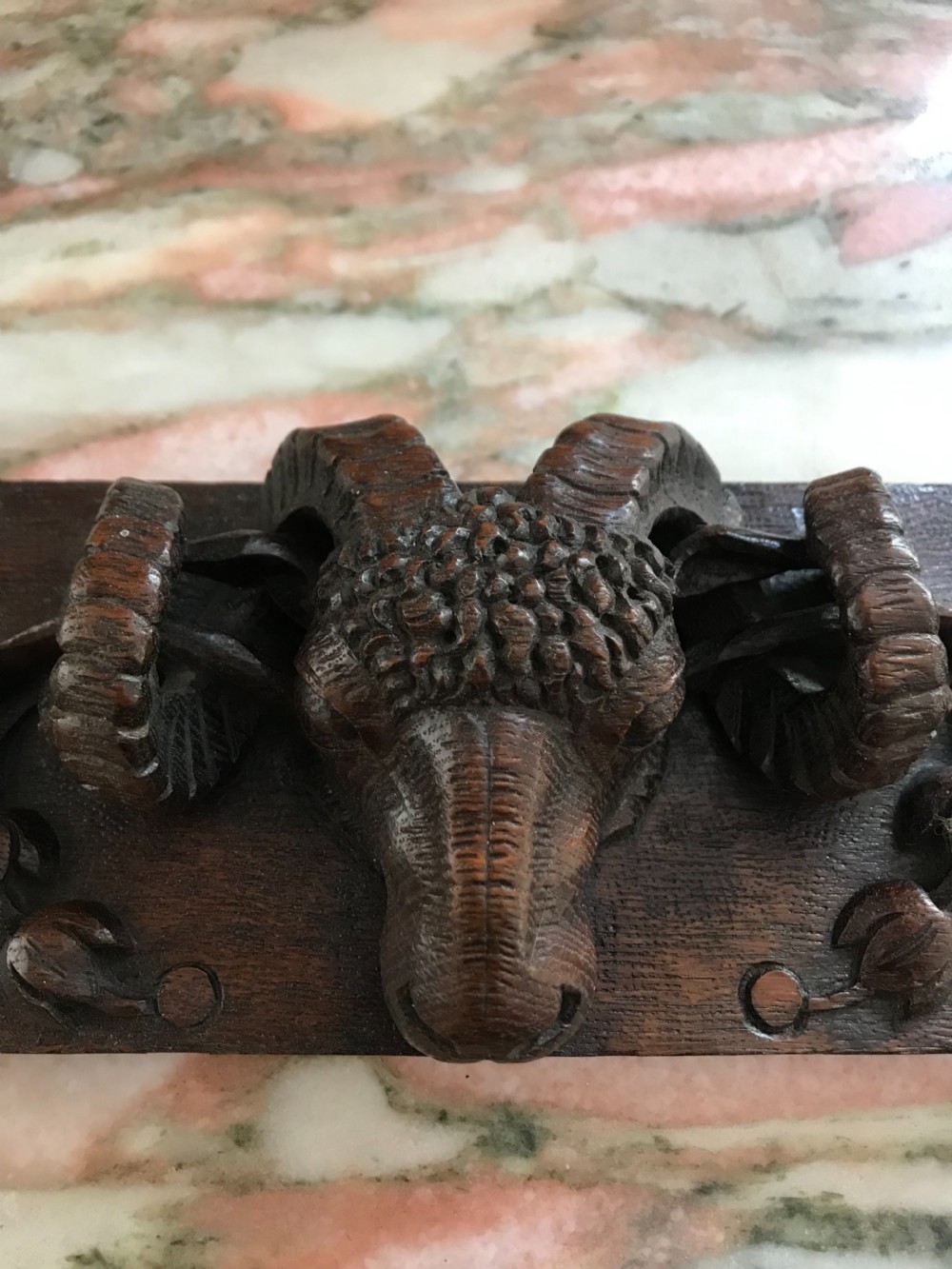 Antique Black Forest Carved Oak Ram's Head Panel View III