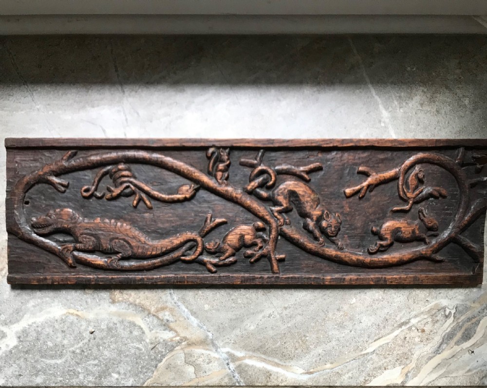 17th Century Rare Folkart Carved Oak Beast Panel Squirrel, Crocodile