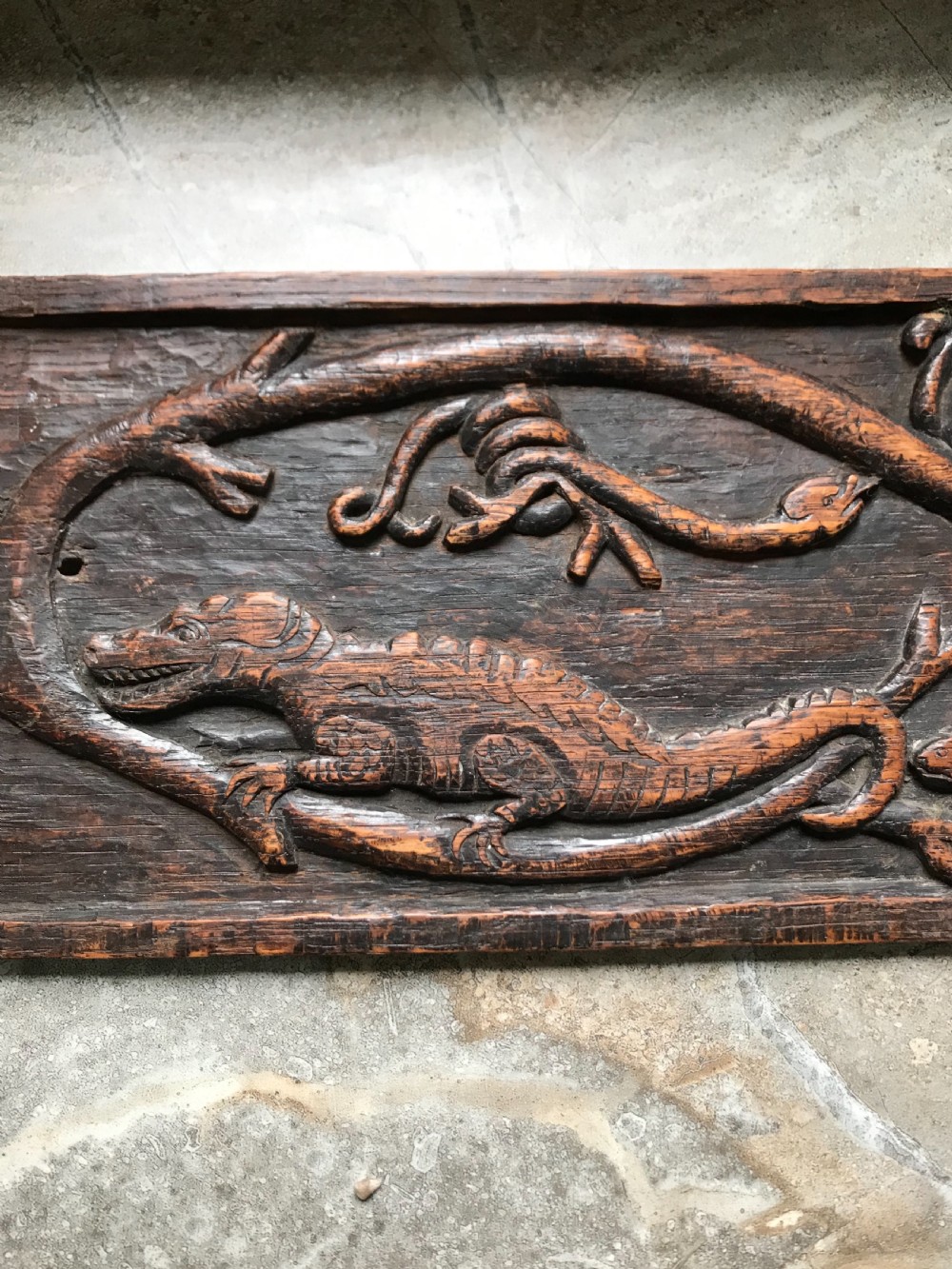 17th Century Rare Folkart Carved Oak Beast Panel Squirrel, Crocodile View II