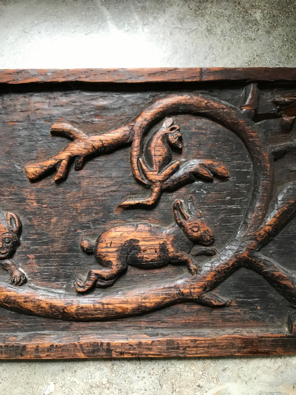 17th Century Rare Folkart Carved Oak Beast Panel Squirrel, Crocodile View III