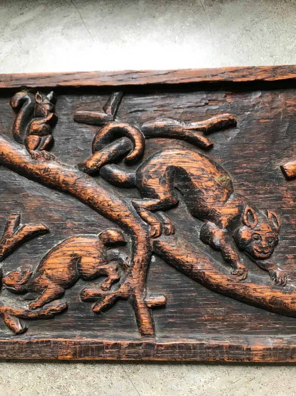 17th Century Rare Folkart Carved Oak Beast Panel Squirrel, Crocodile View IV