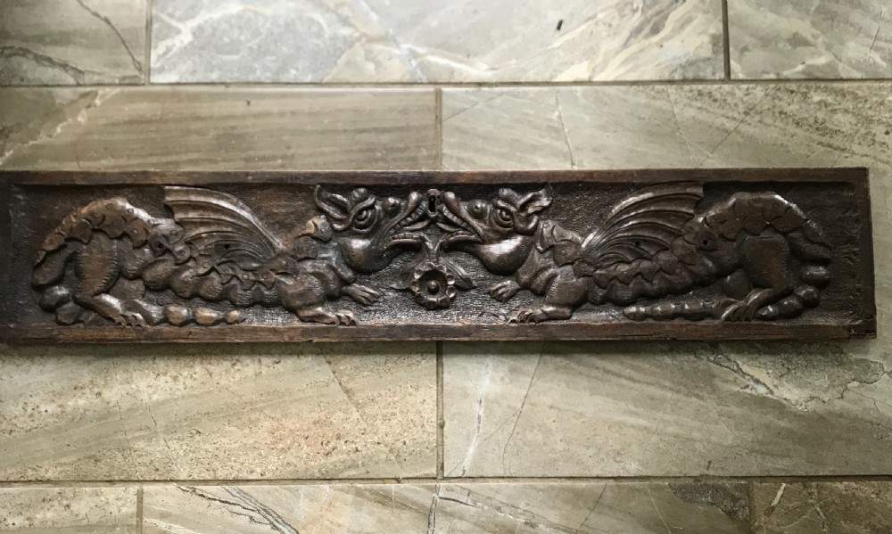 Antique Victorian Carved Oak Dragon Panel
