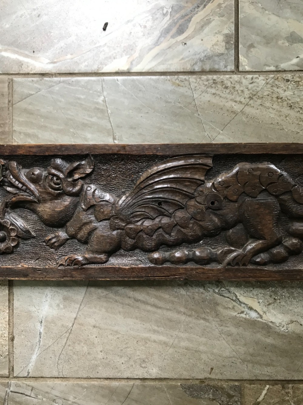 Antique Victorian Carved Oak Dragon Panel View II