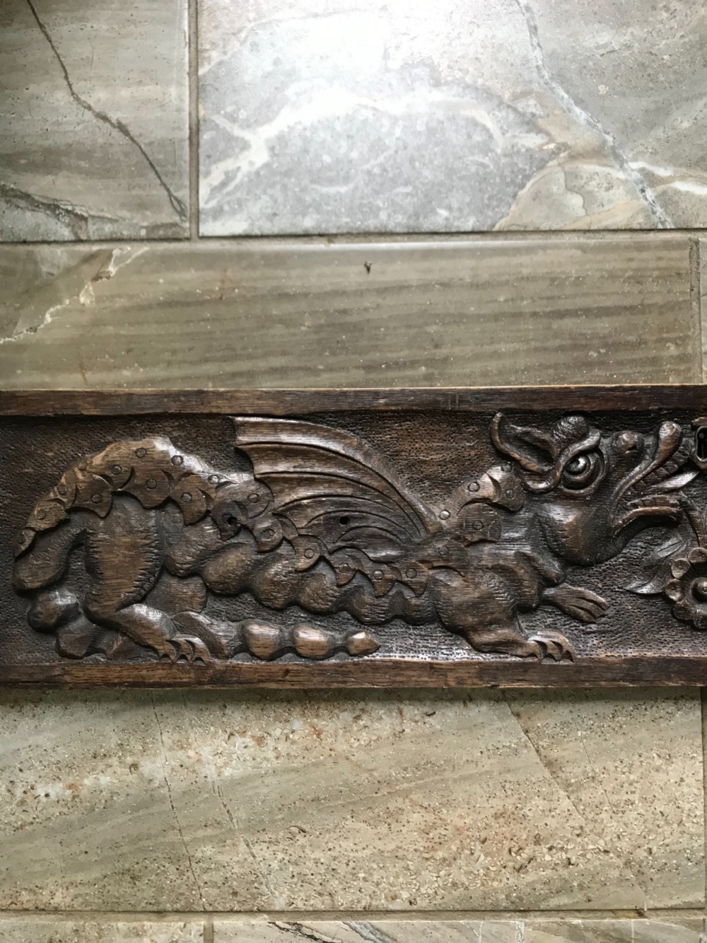 Antique Victorian Carved Oak Dragon Panel View III