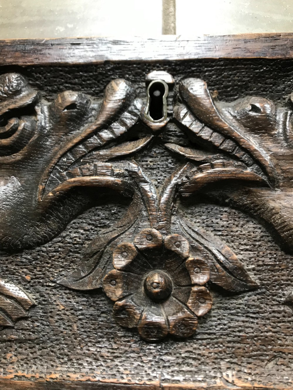 Antique Victorian Carved Oak Dragon Panel View IV
