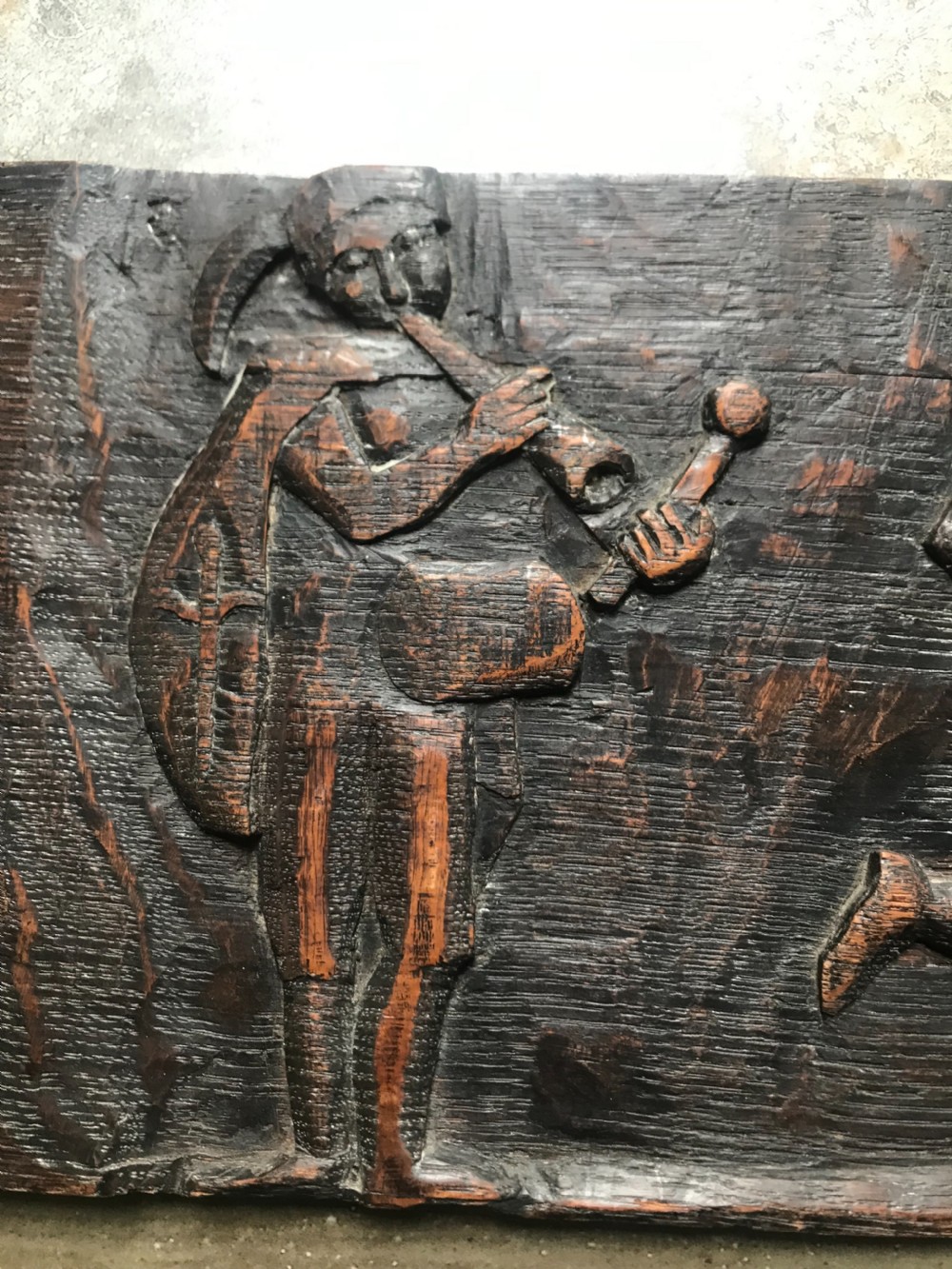 17th Century Carved Oak Jester Dancing Panel View II
