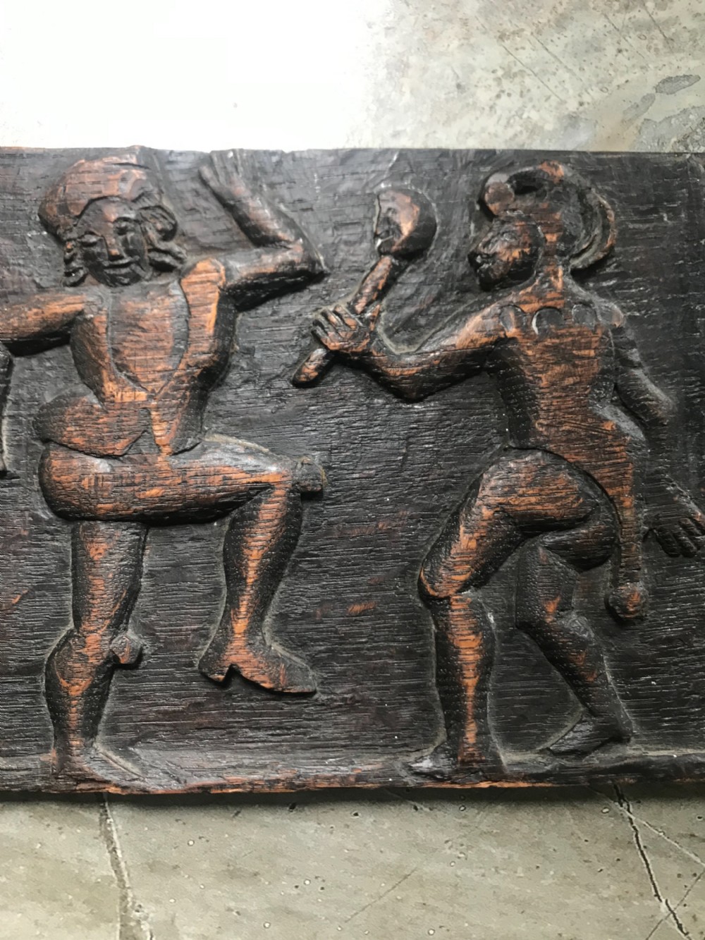 17th Century Carved Oak Jester Dancing Panel View III