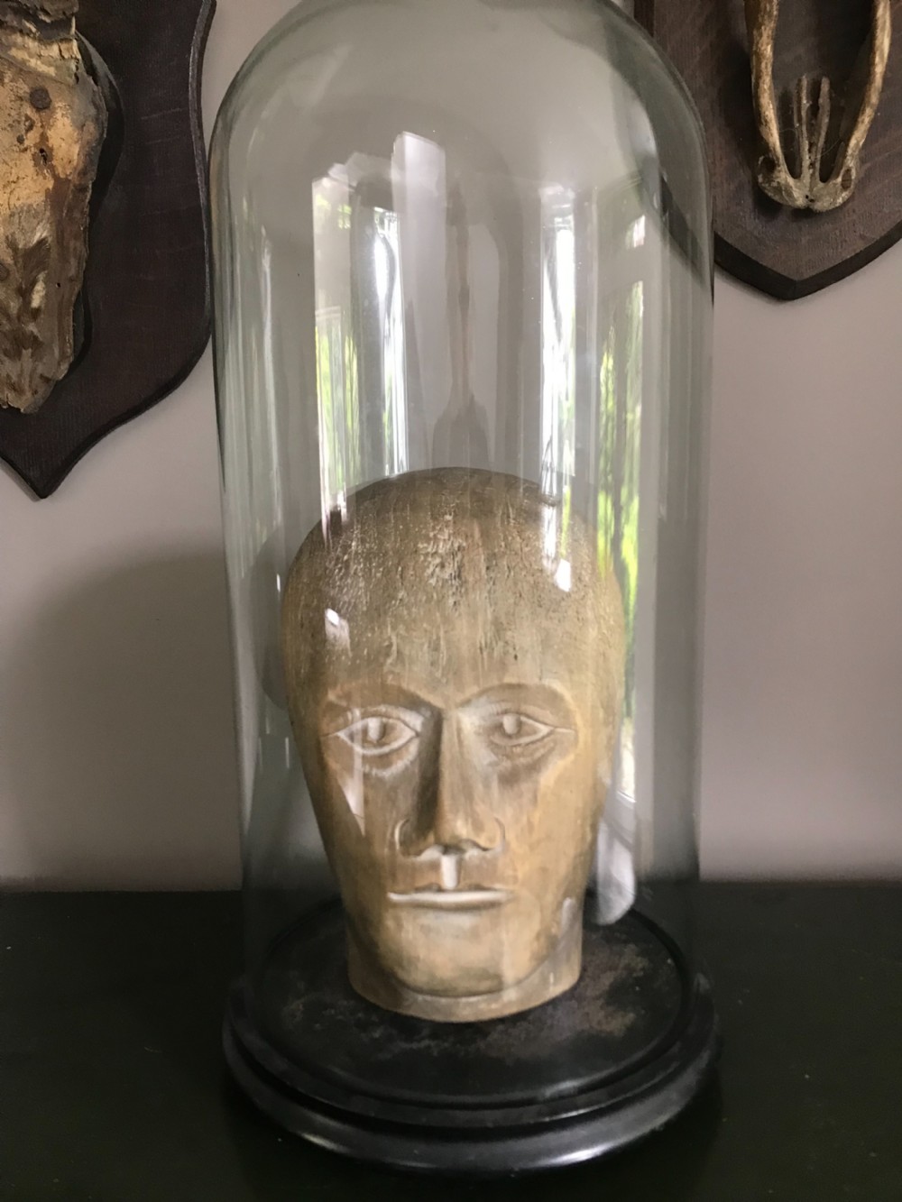 Antique Carved Wooden Millinery Hat Block Head & Glass Dome 