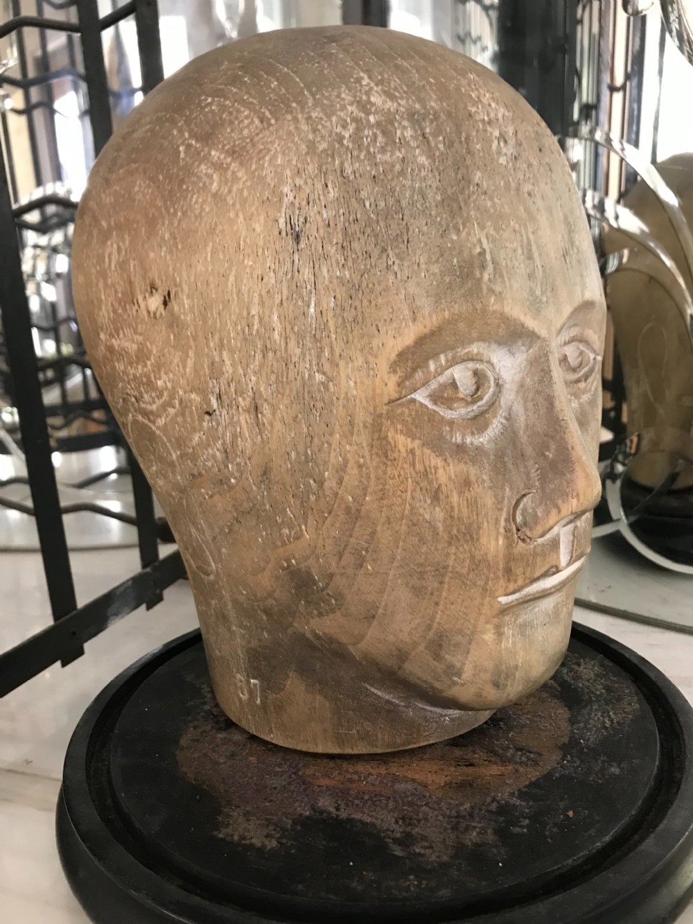 Antique Carved Wooden Millinery Hat Block Head & Glass Dome  View II