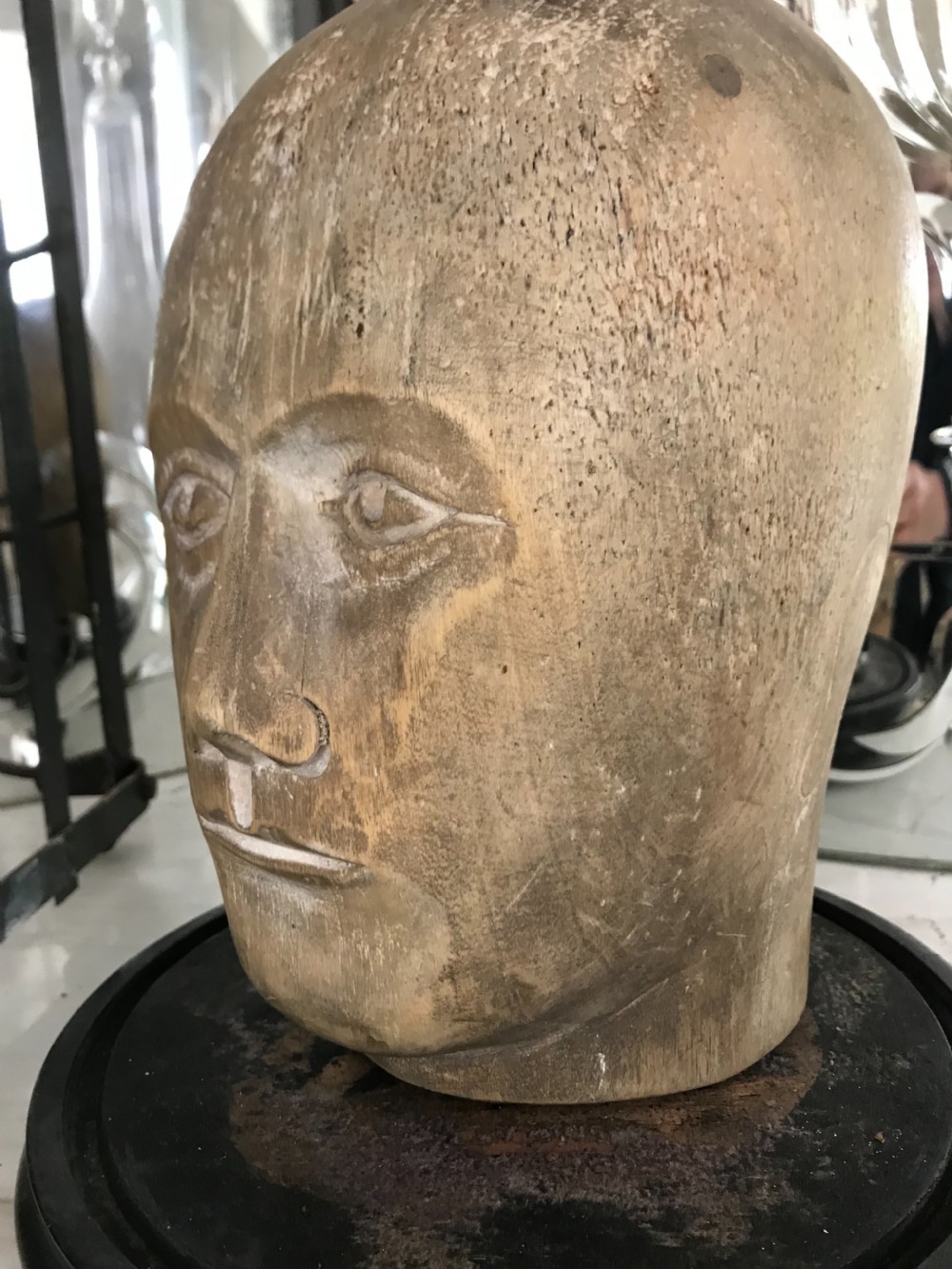 Antique Carved Wooden Millinery Hat Block Head & Glass Dome  View III