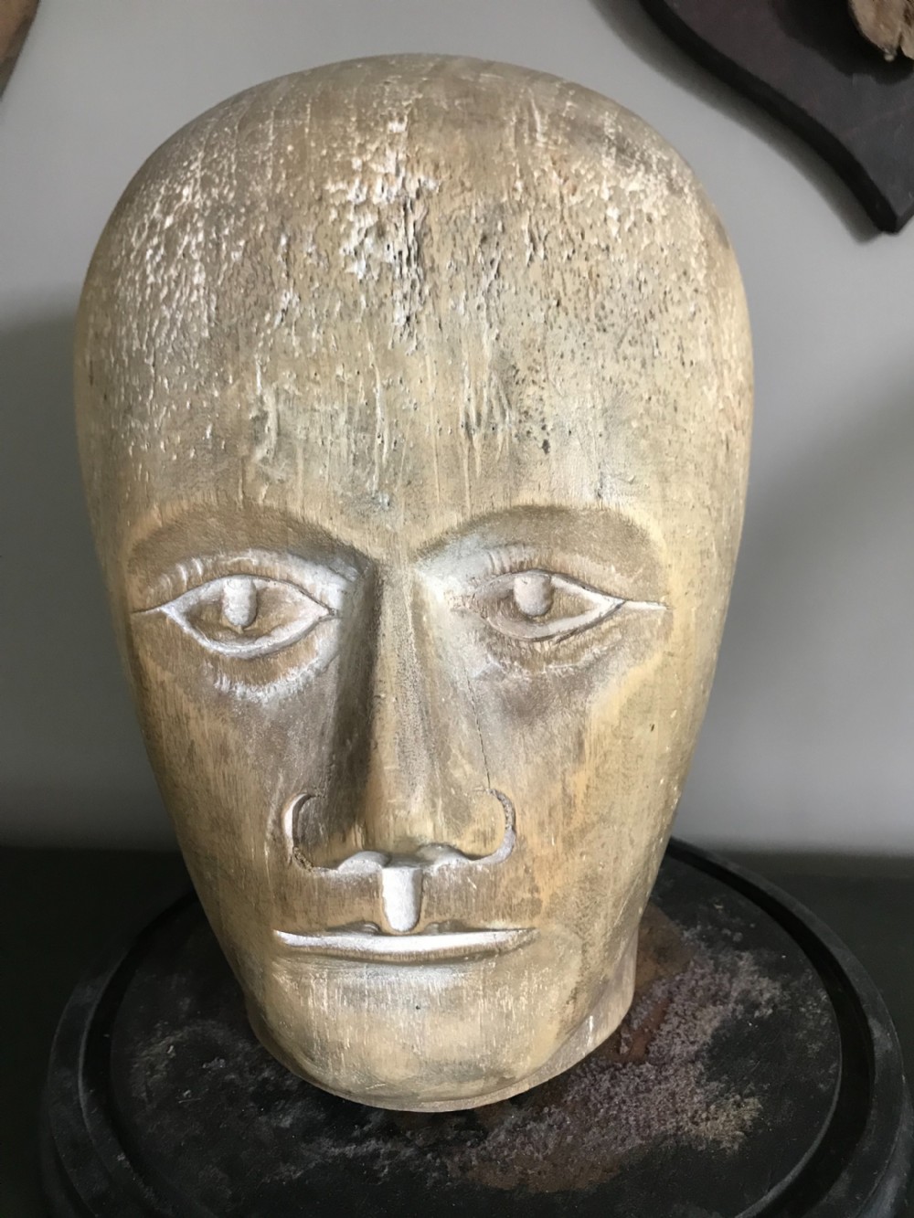Antique Carved Wooden Millinery Hat Block Head & Glass Dome  View IV