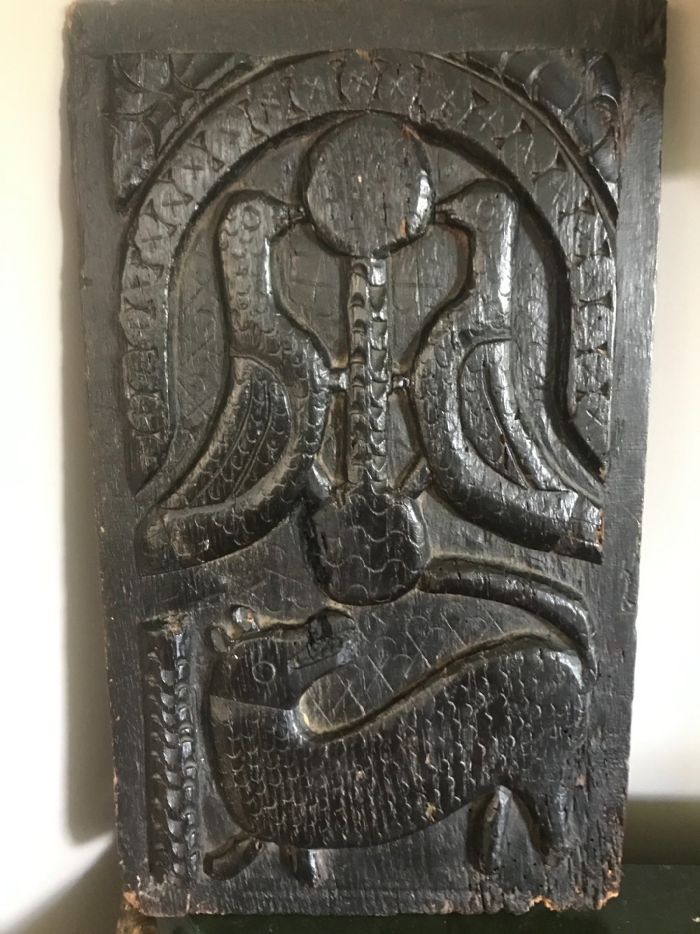 16th Century Carved Oak mythical Beast and Love Bird Panel