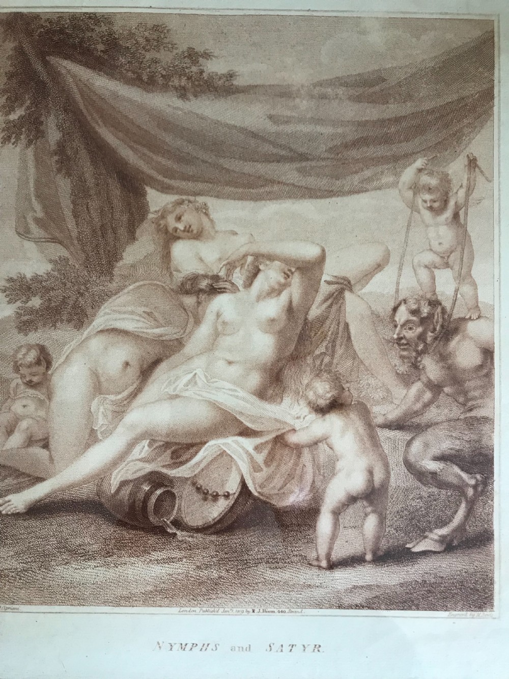 18th Century Cepia Engraving 1809 Nymphs & Satyr Cipriani View II