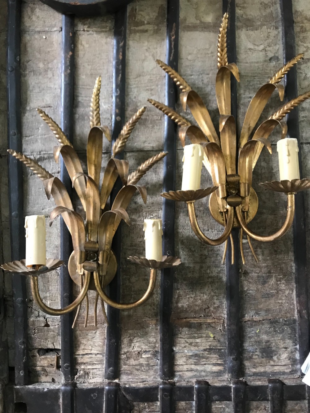 ANTIQUE FRENCH GILT WHEATSHEAF WALL LIGHTS TOLEWARE
