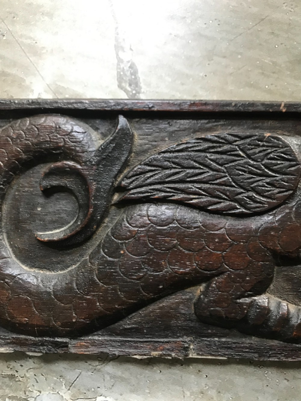 17th Century Carved oak Celtic Welsh Dragon Panel View III