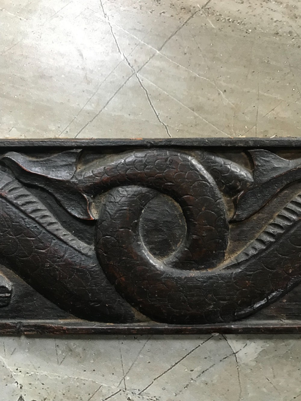 17th Century Carved Oak Welsh Celtic Dragon Panel.  View II