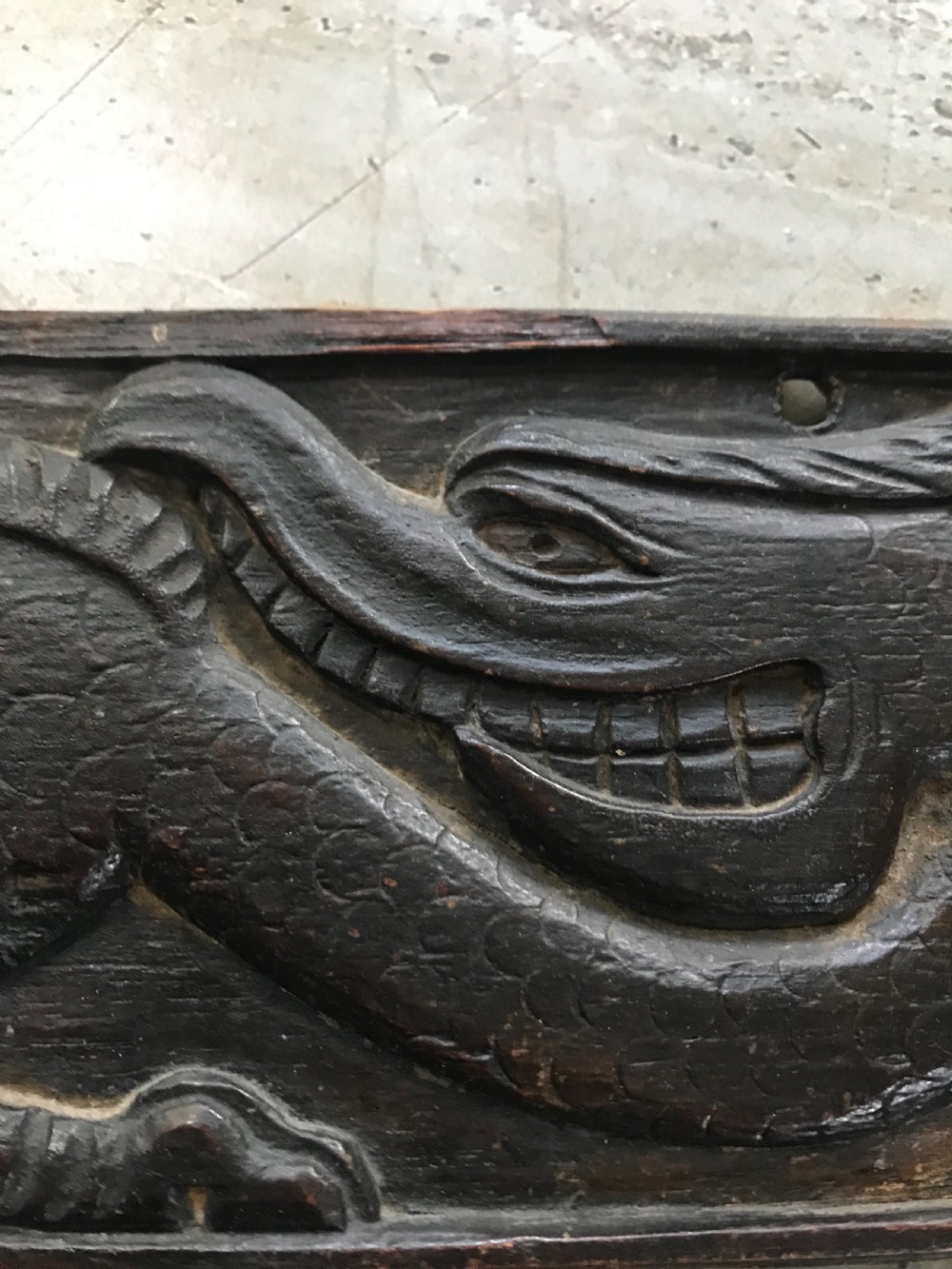 17th Century Carved Oak Welsh Celtic Dragon Panel.  View III