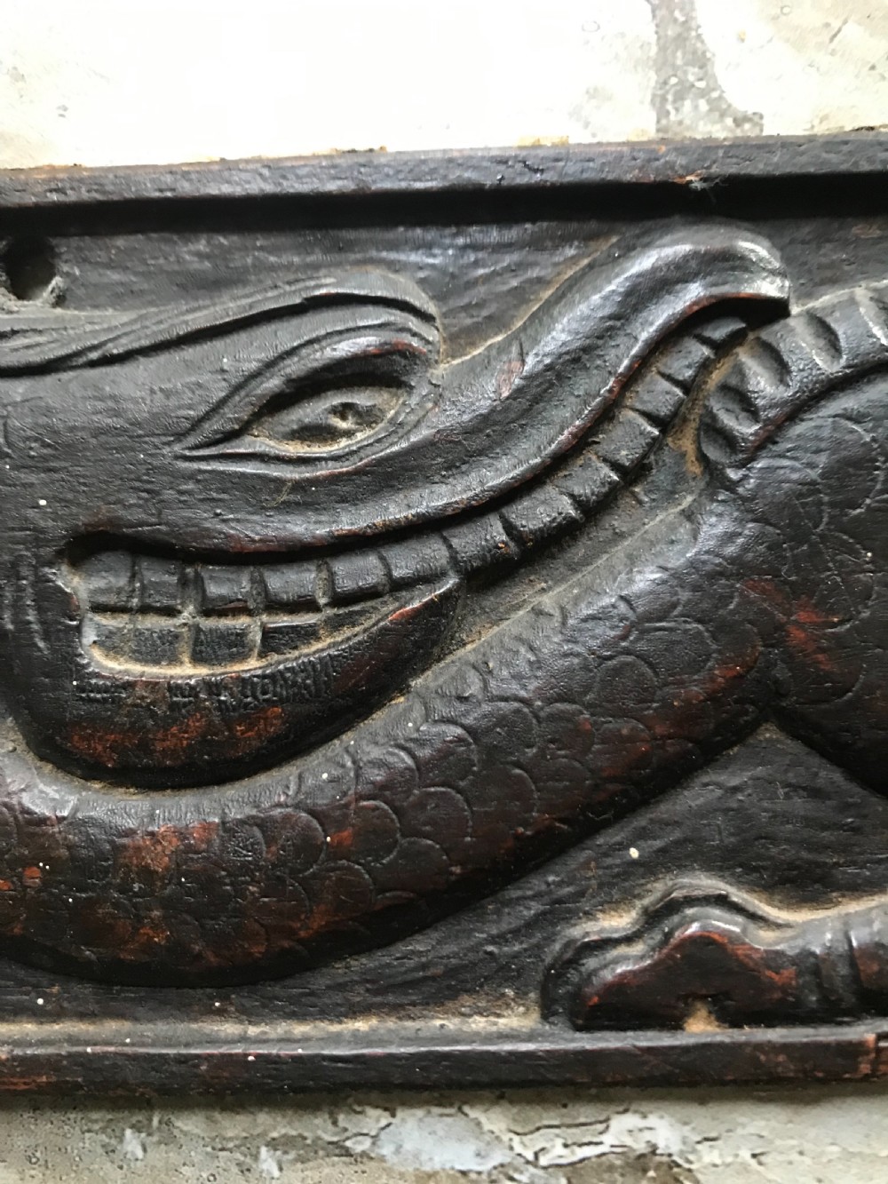 17th Century Carved Oak Welsh Celtic Dragon Panel.  View IV