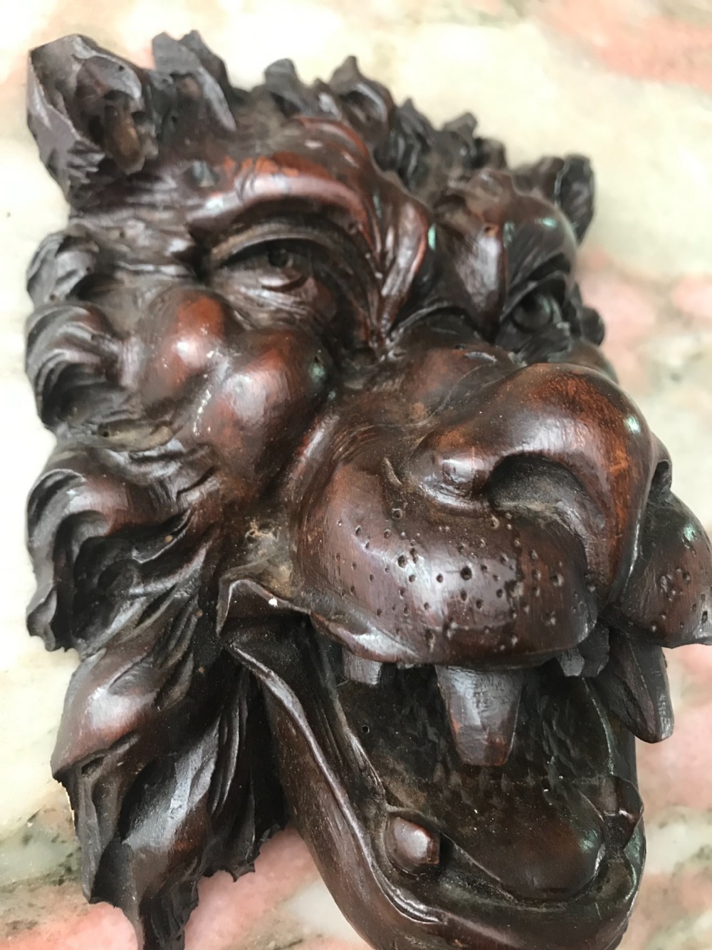 19TH CENTURY DEEPLY CARVED WALNUT LION HEAD MASK View II