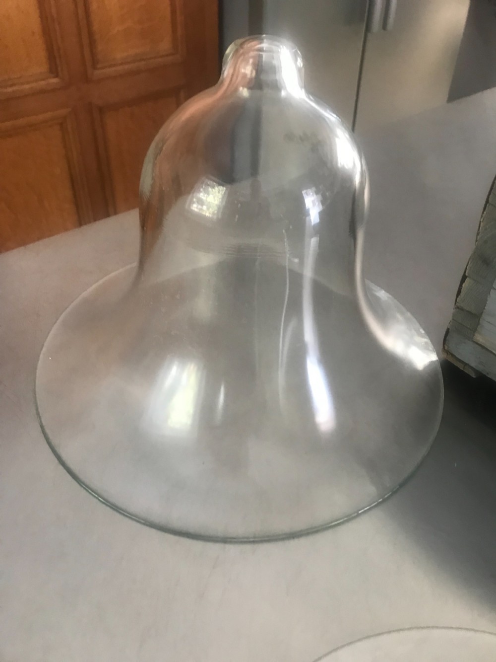 A pair of hand-blown clear glass bell cloches featuring flared rims and knopped handles. View II