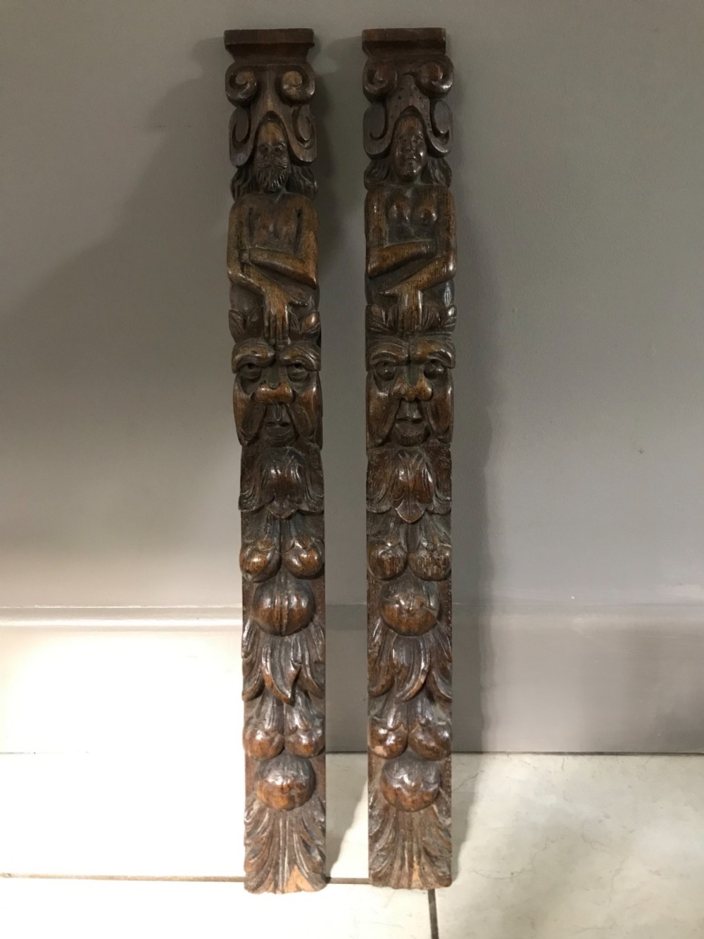 ANTIQUE CARVED OAK PAIR OF CARYATIDS PILASTERS 