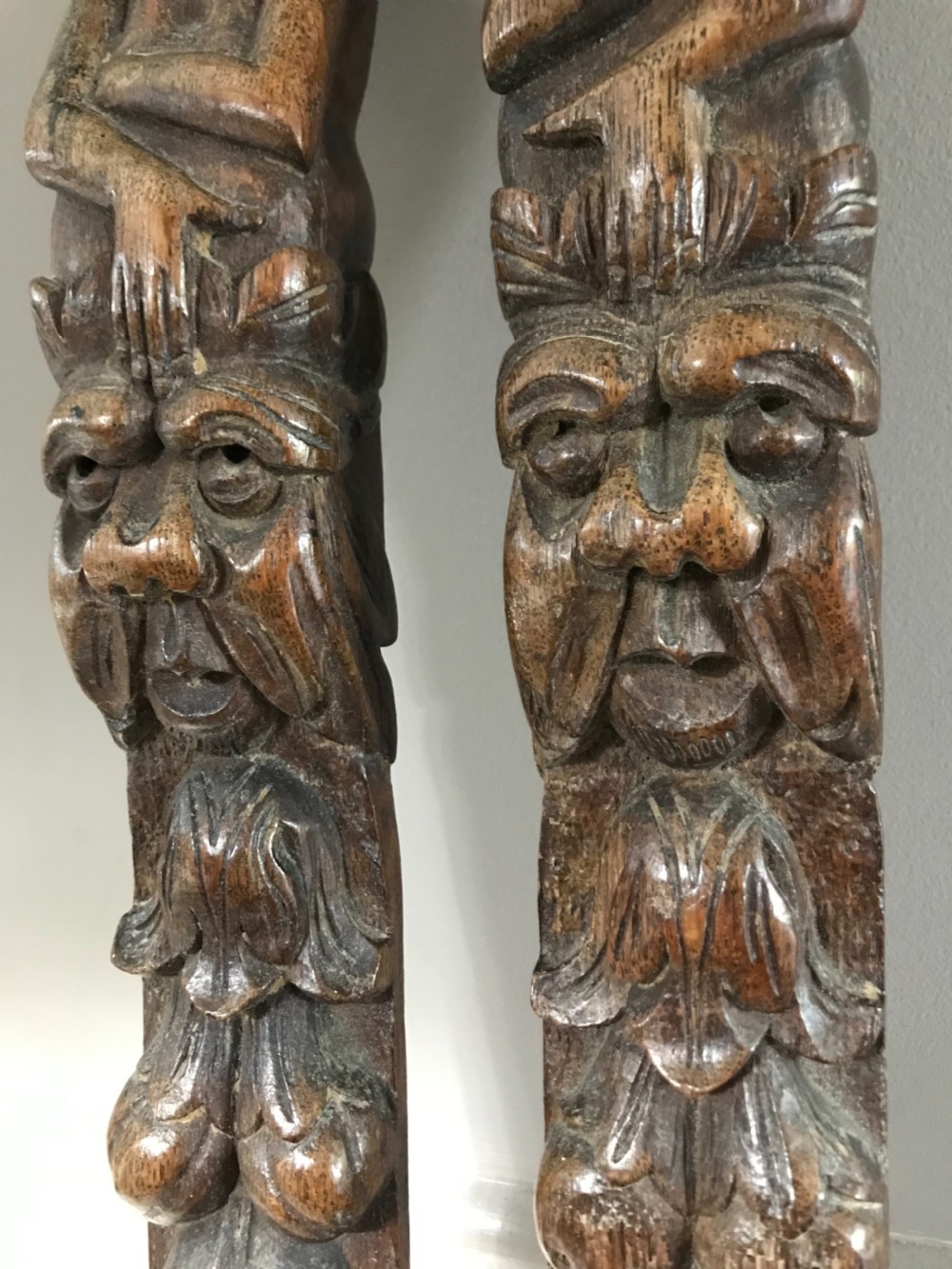 ANTIQUE CARVED OAK PAIR OF CARYATIDS PILASTERS  View II