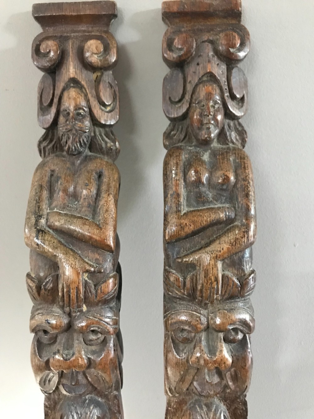 ANTIQUE CARVED OAK PAIR OF CARYATIDS PILASTERS  View III