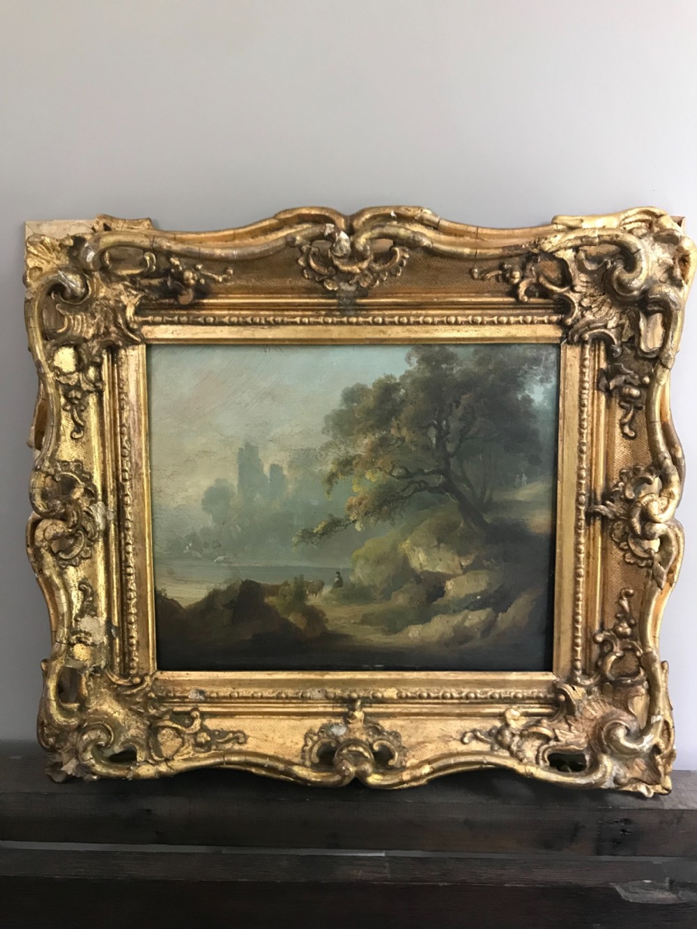 17th Century Oil Painting with Wood and Gesso Gilt Frame cows by a lake