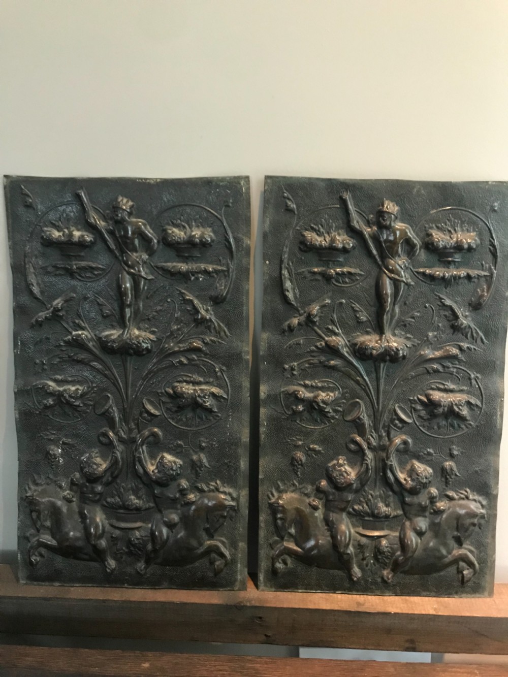 Antique Arts and Crafts Deeply Embossed Brass Mythical Hippocampus Panels