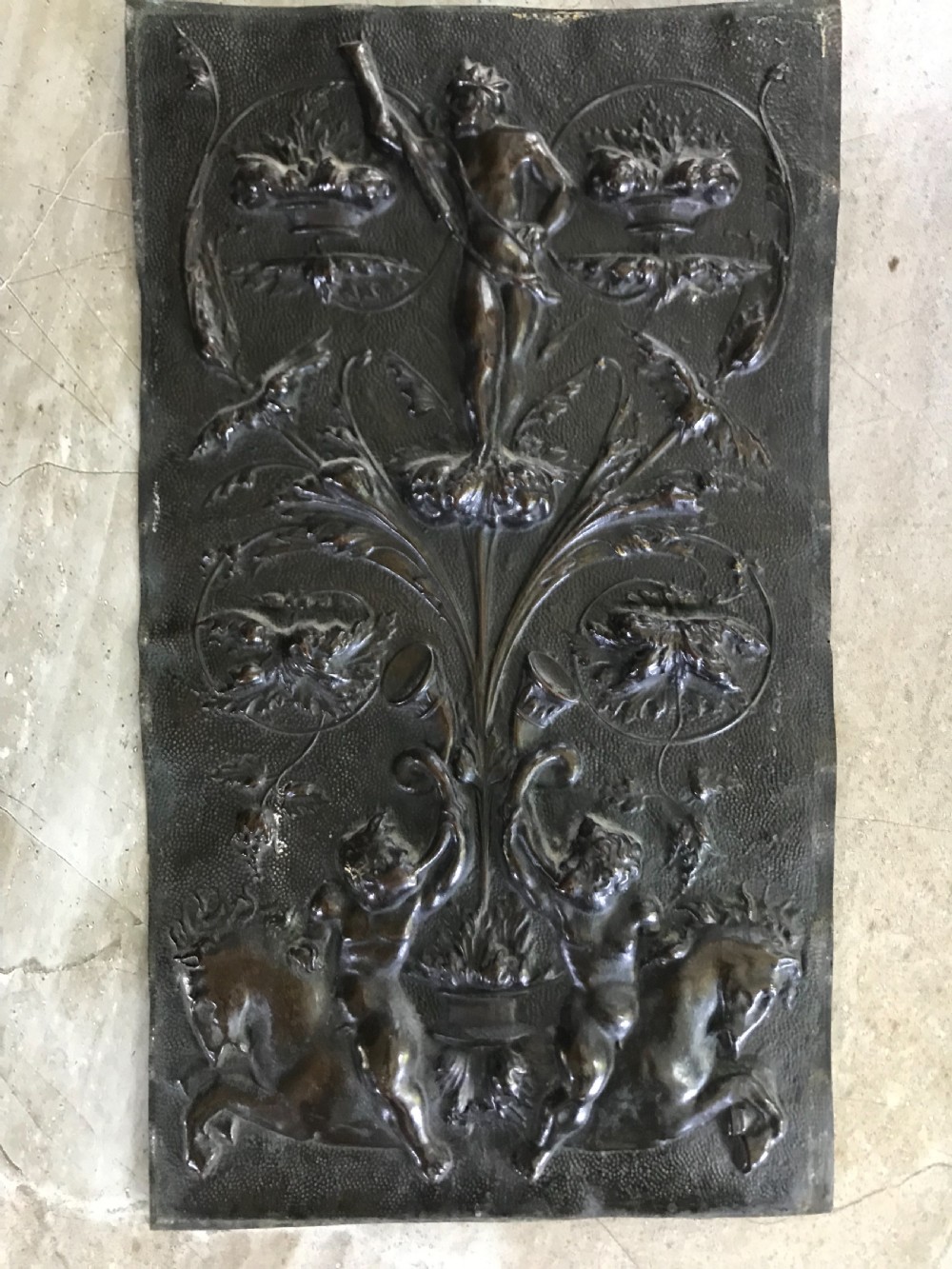 Antique Arts and Crafts Deeply Embossed Brass Mythical Hippocampus Panels View II