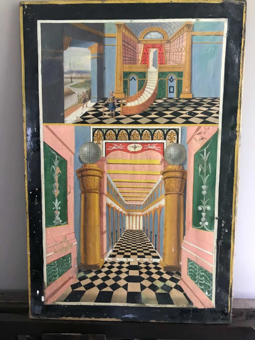 LARGE 19TH CENTURY ORIGINAL MASONIC TRACING OIL PAINTING ON CANVAS