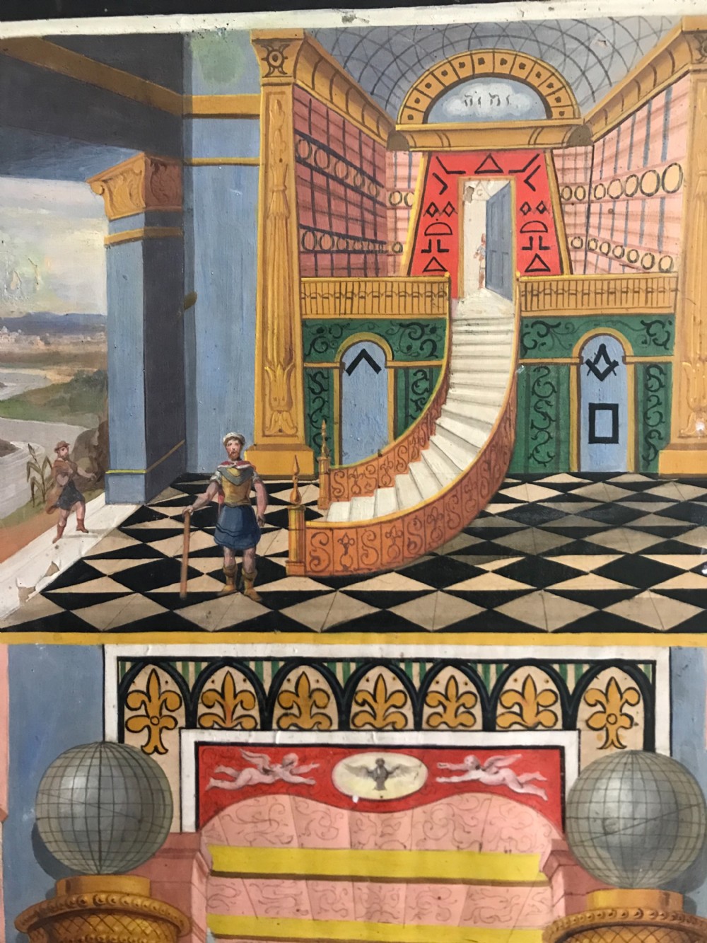 LARGE 19TH CENTURY ORIGINAL MASONIC TRACING OIL PAINTING ON CANVAS View II