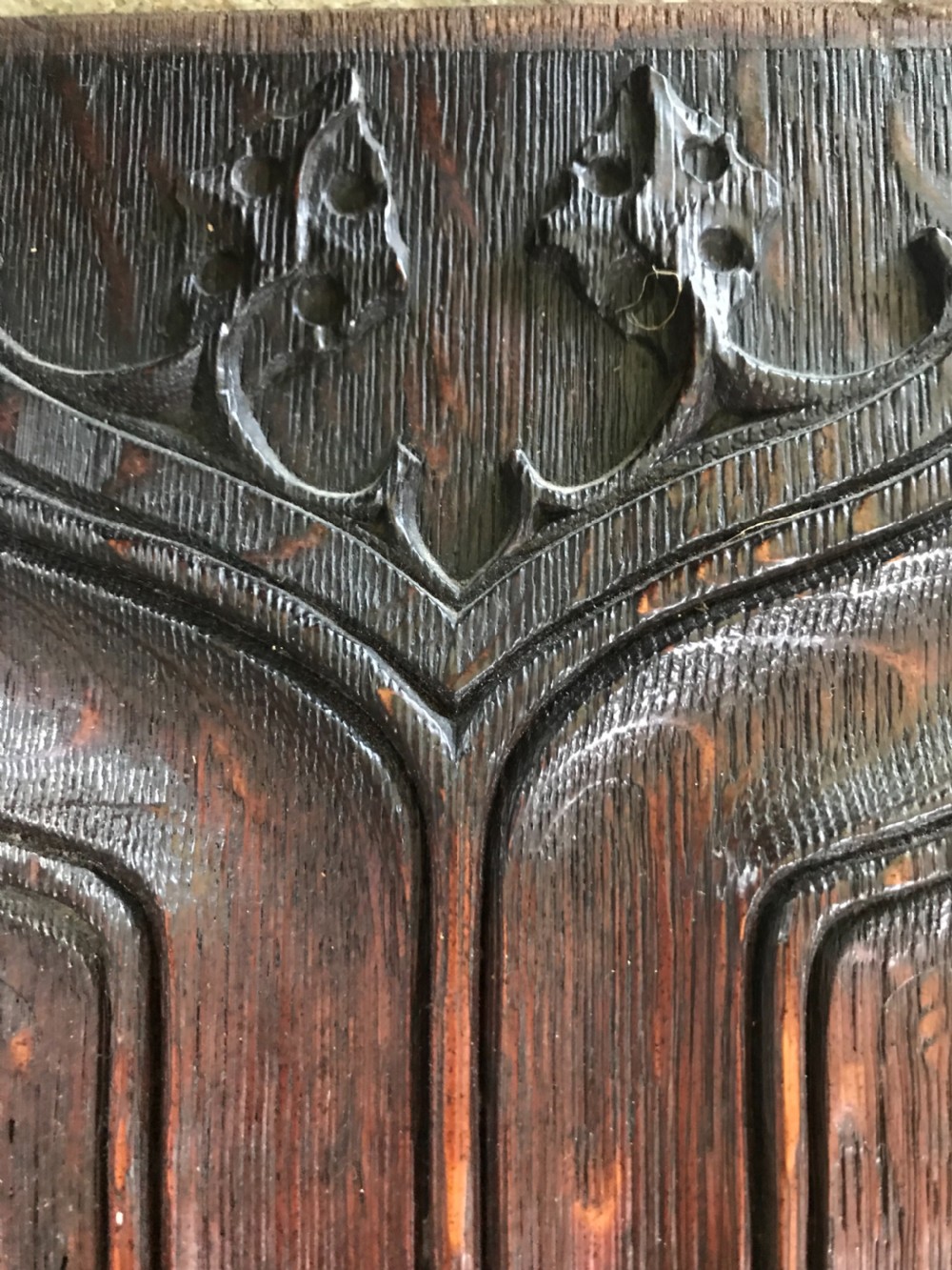 RARE 17th Century Carved Oak Gothic Revival Parchemin Panel No.1 View II