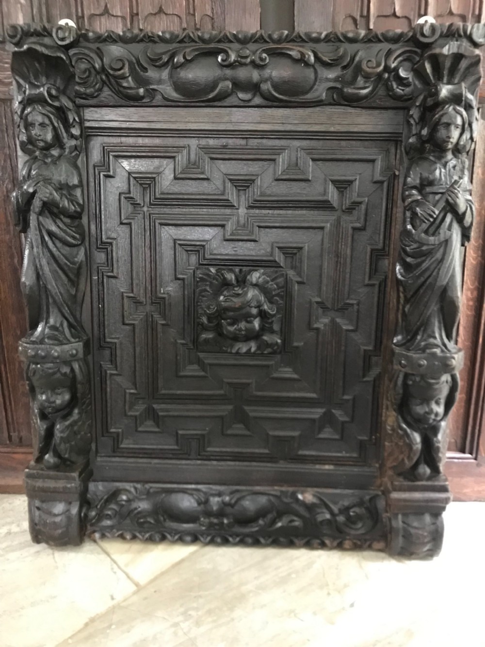 18th Century Carved Oak Panel Cherubs and Saint Caryatids