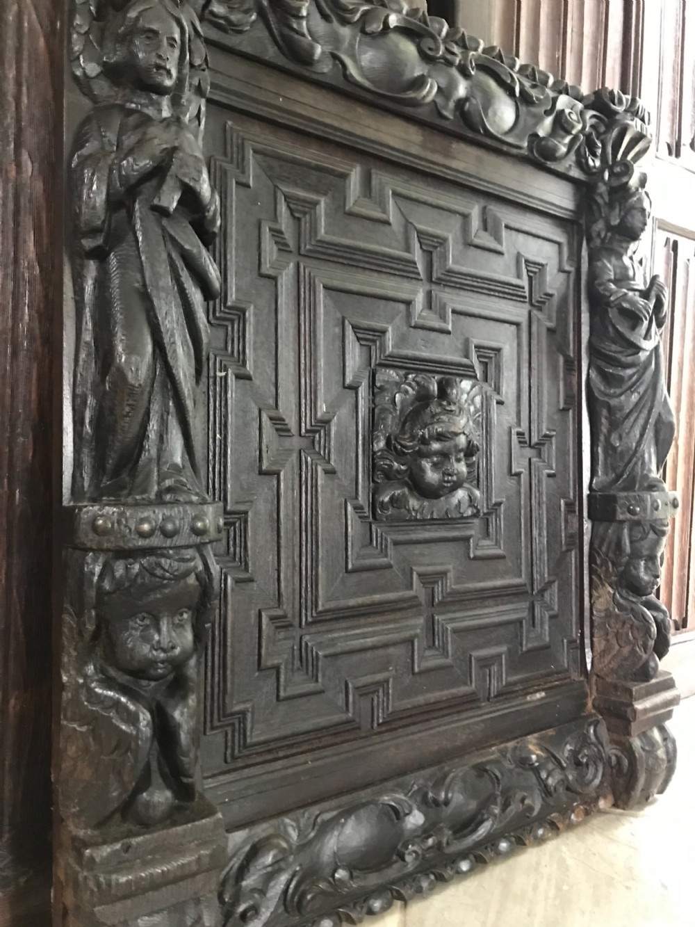 18th Century Carved Oak Panel Cherubs and Saint Caryatids View II