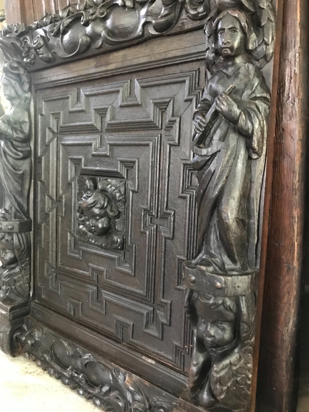 18th Century Carved Oak Panel Cherubs and Saint Caryatids View III