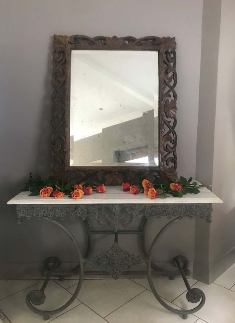 French LARGE ANTIQUE Carved Black Forest Cushion Mirror View II