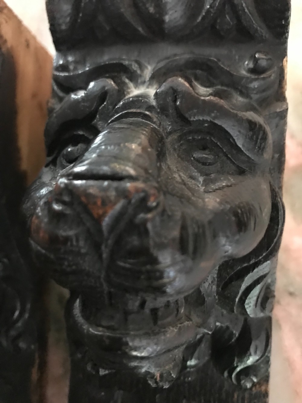 19th Century Carved Oak Lion Caryatid Panels View III
