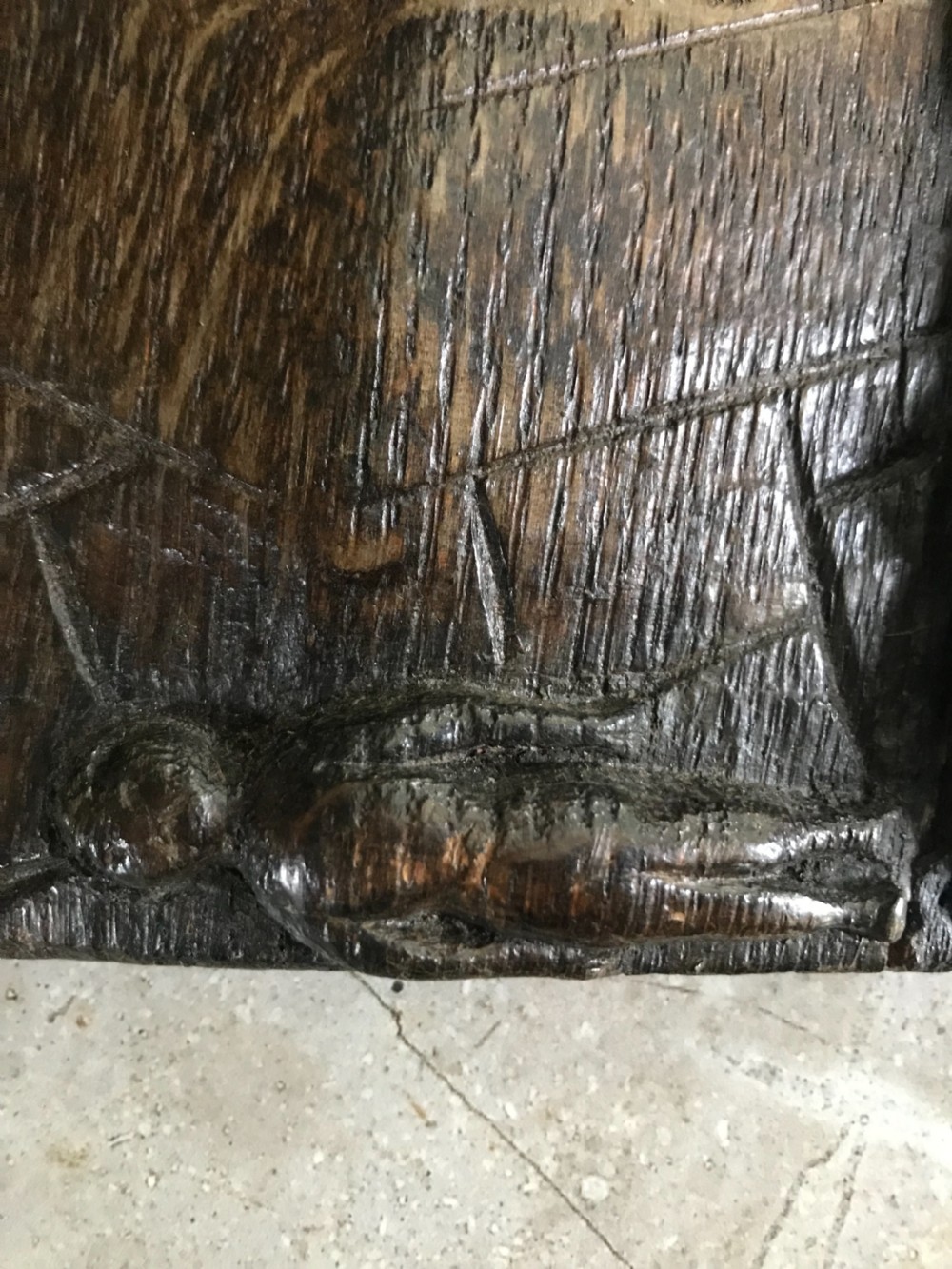 16TH CENTURY CARVED OAK PANEL Eye of Providence Child Sacrifice View II