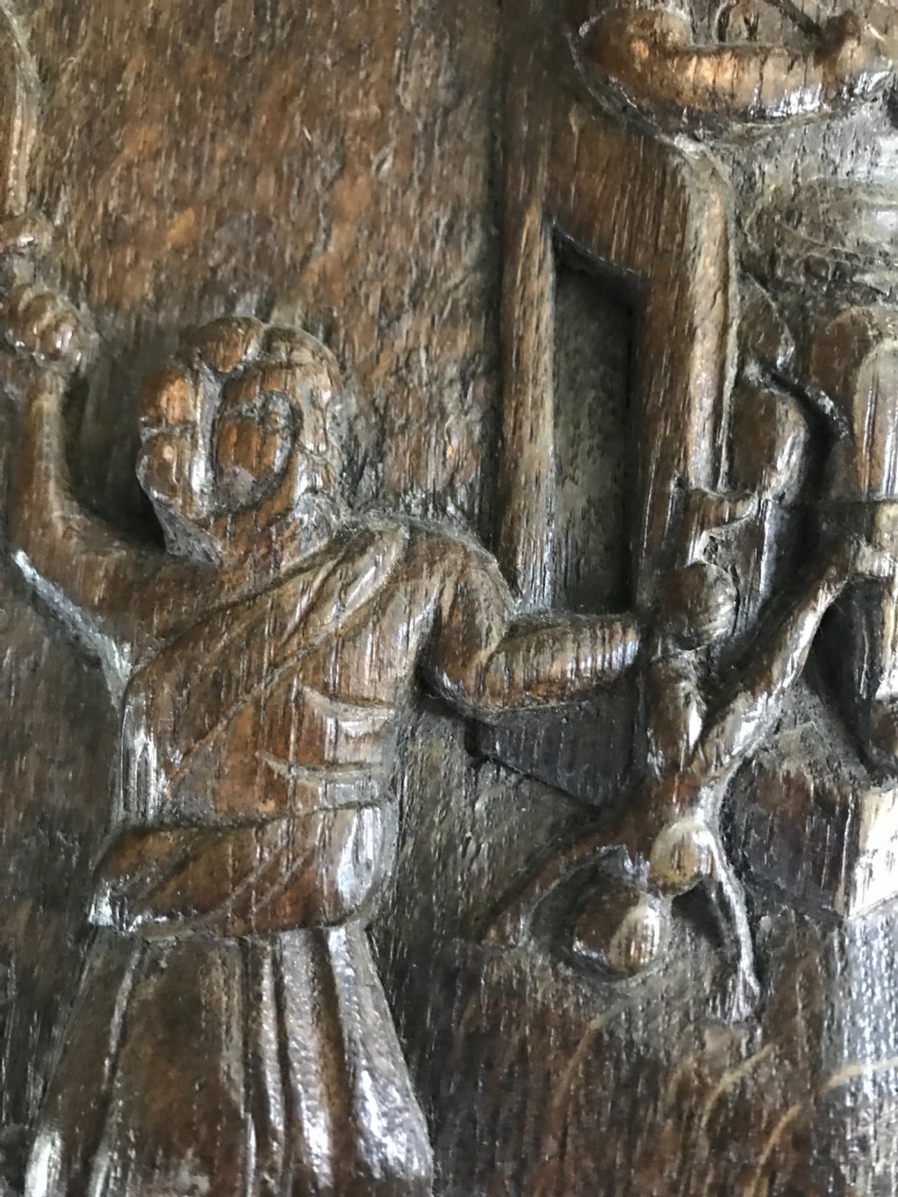 16TH CENTURY CARVED OAK PANEL Eye of Providence Child Sacrifice View III