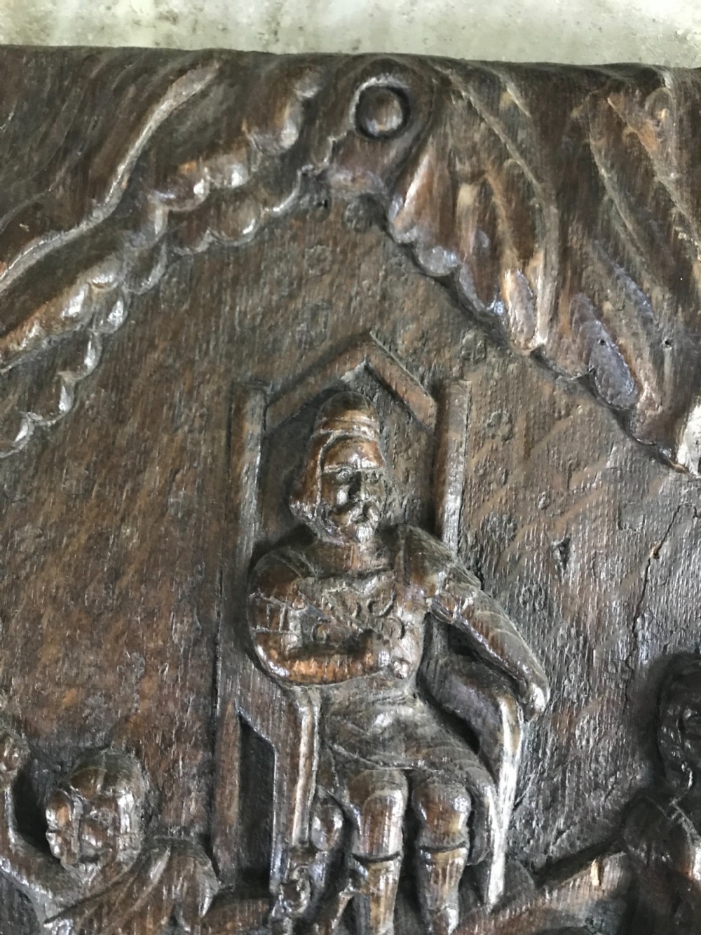 16TH CENTURY CARVED OAK PANEL Eye of Providence Child Sacrifice View IV