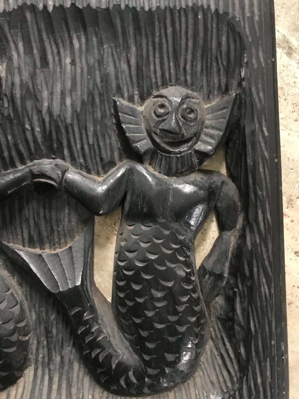 19th Century Carved Oak Mermaid clown Whimsical Panel View II