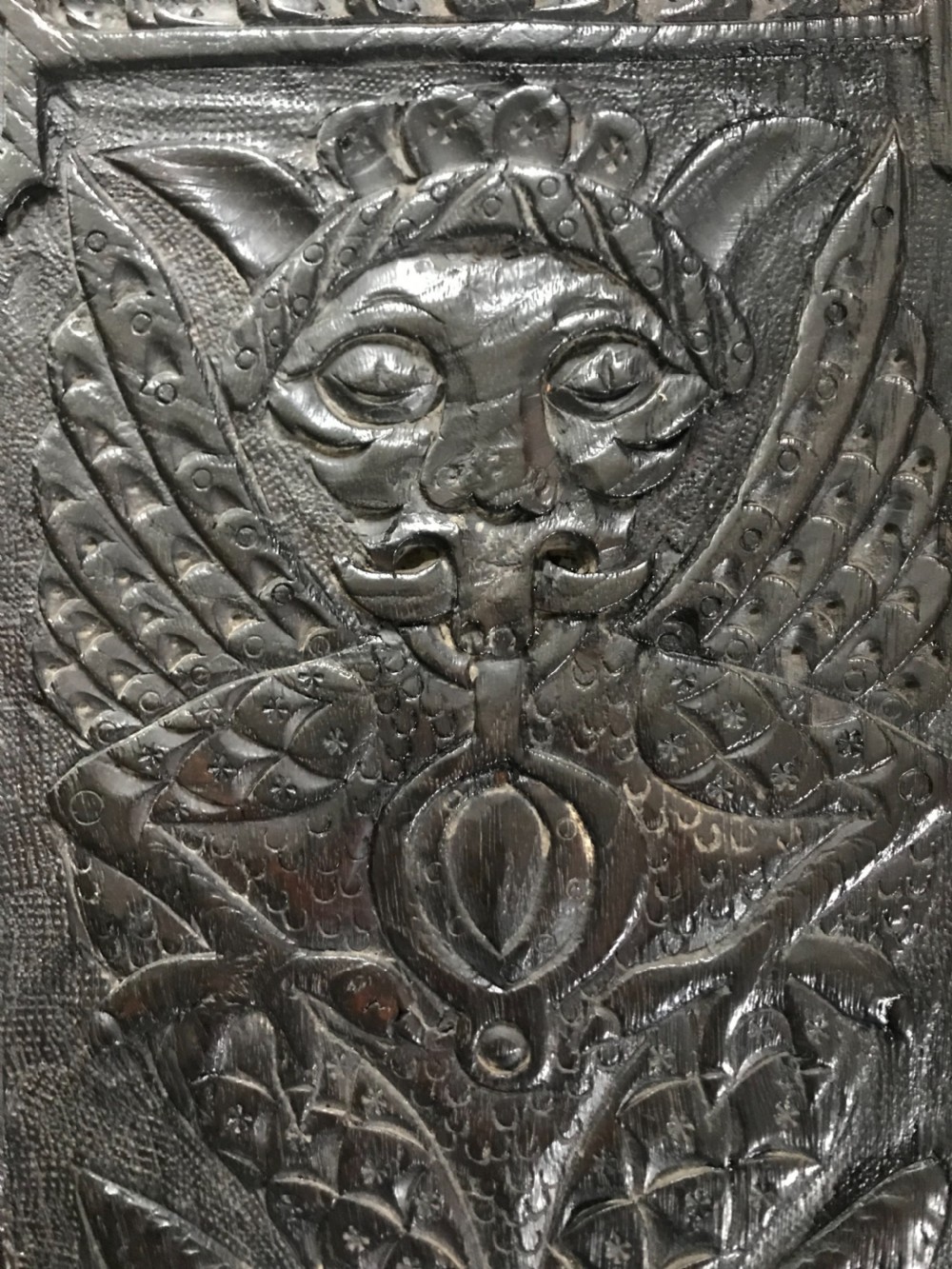 PAIR Rare 16th Century Mythical Winged Devil Carved Oak Panels 1515 View II
