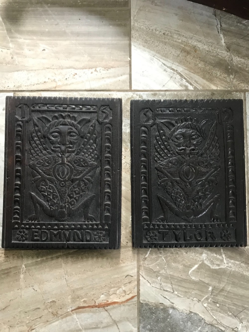 PAIR Rare 16th Century Mythical Winged Devil Carved Oak Panels 1515 View VI