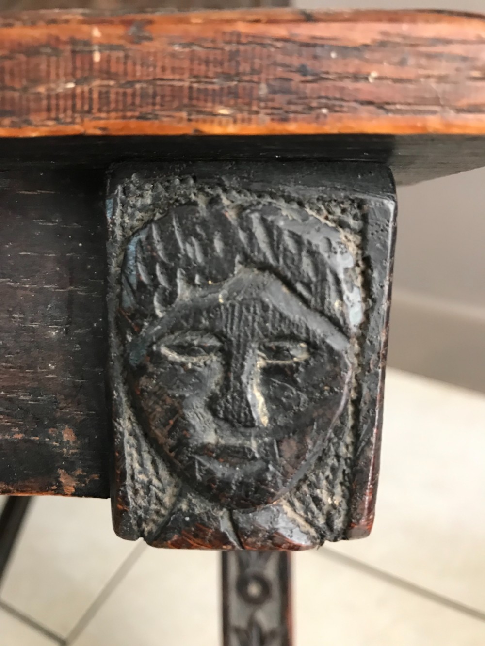 18th Century CARVED OAK GREEN MAN SCOTTISH STOOL View VI