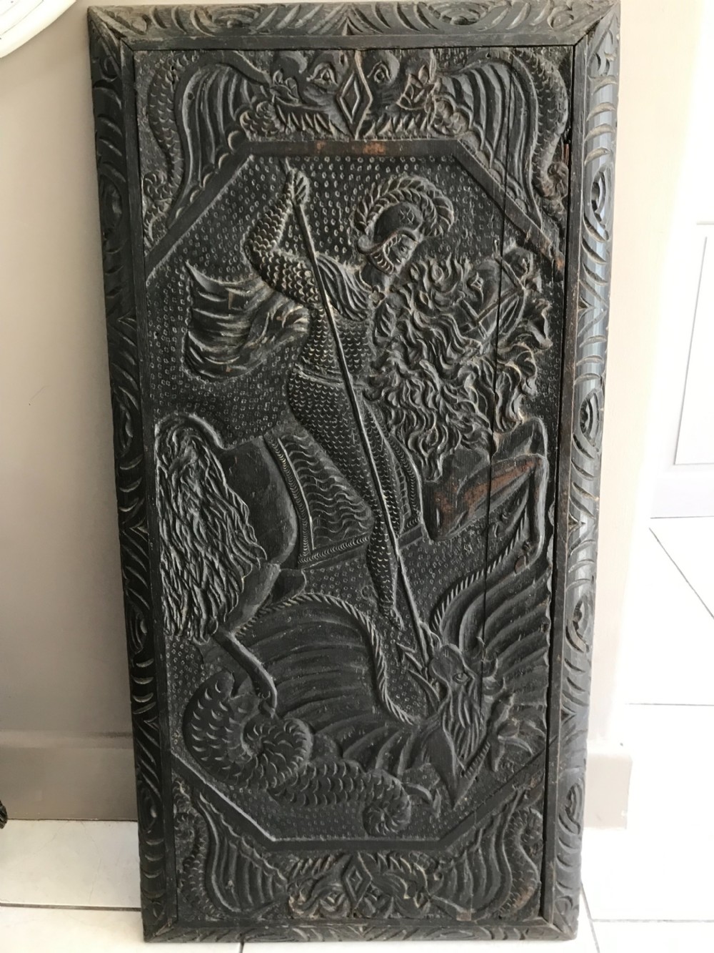 Large 18th Century Carved Oak Panel of St George and the Dragon