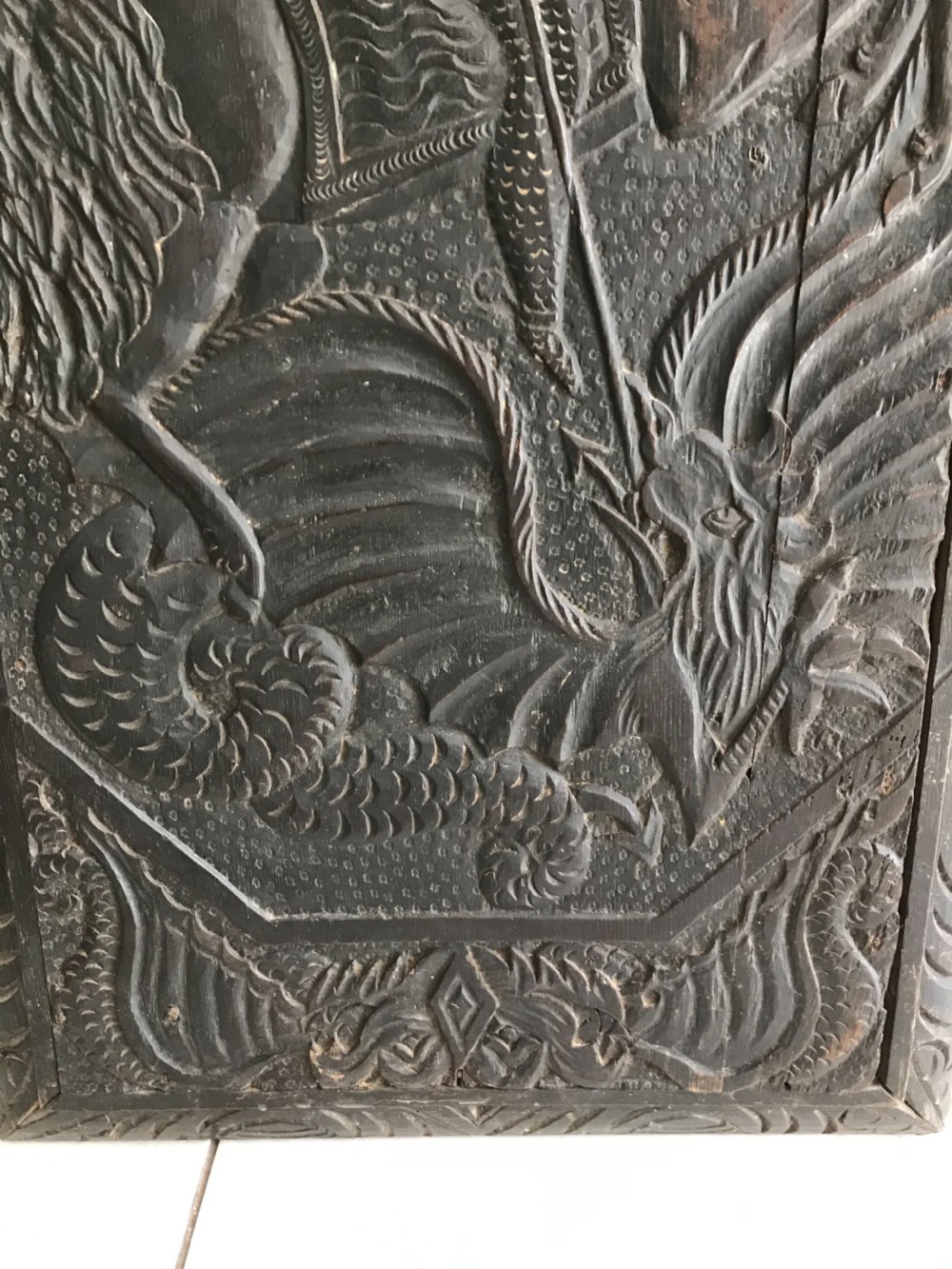 Large 18th Century Carved Oak Panel of St George and the Dragon View II