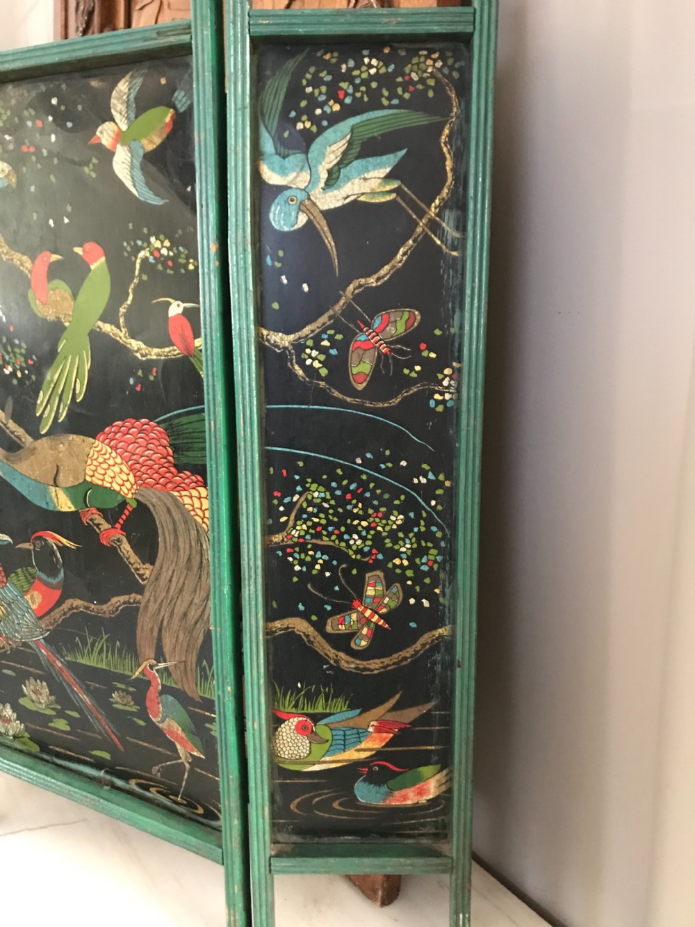 Antique Folkart Table Top Painted Bird and Butterfly Screen View II
