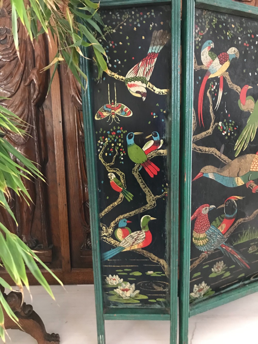 Antique Folkart Table Top Painted Bird and Butterfly Screen View III